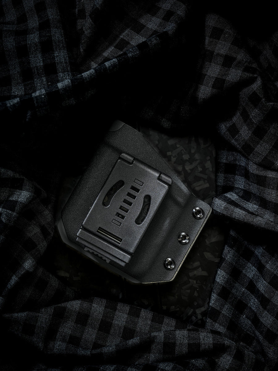 Detailed rear view of the Black-Grey phone case for iPhone 17 Pro and iPhone 17 Pro Max, highlighting the black belt clip and mounting hardware.