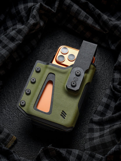 Front view of the olive green Single Skeleton Window phone case with a smartphone inserted, displayed on a dark plaid fabric background.