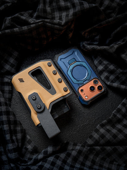 Flat lay of the tan Single Skeleton Window phone case beside a smartphone, highlighting the front opening, belt clip, and overall design.