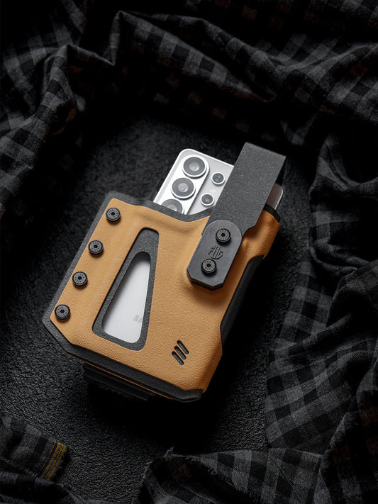 Front view of the tan Single Skeleton Window phone case holding a white smartphone, shown on a dark plaid fabric background.