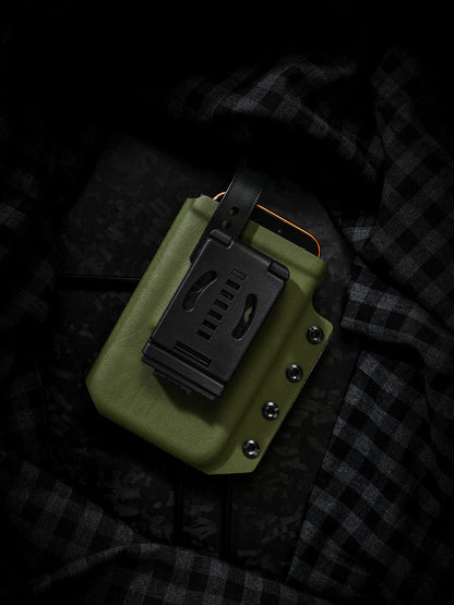 Detailed rear view of the olive green Skeleton Frame phone case, showing the black belt clip and rear mounting hardware.