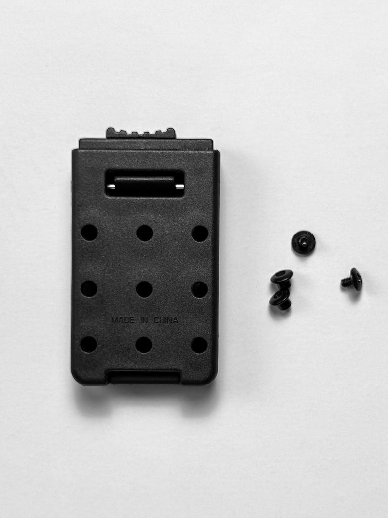 Back view of the TACTICALGEEK TG G7 EDC Knife Clip Holster belt buckle showing belt attachment holes and mounting system.