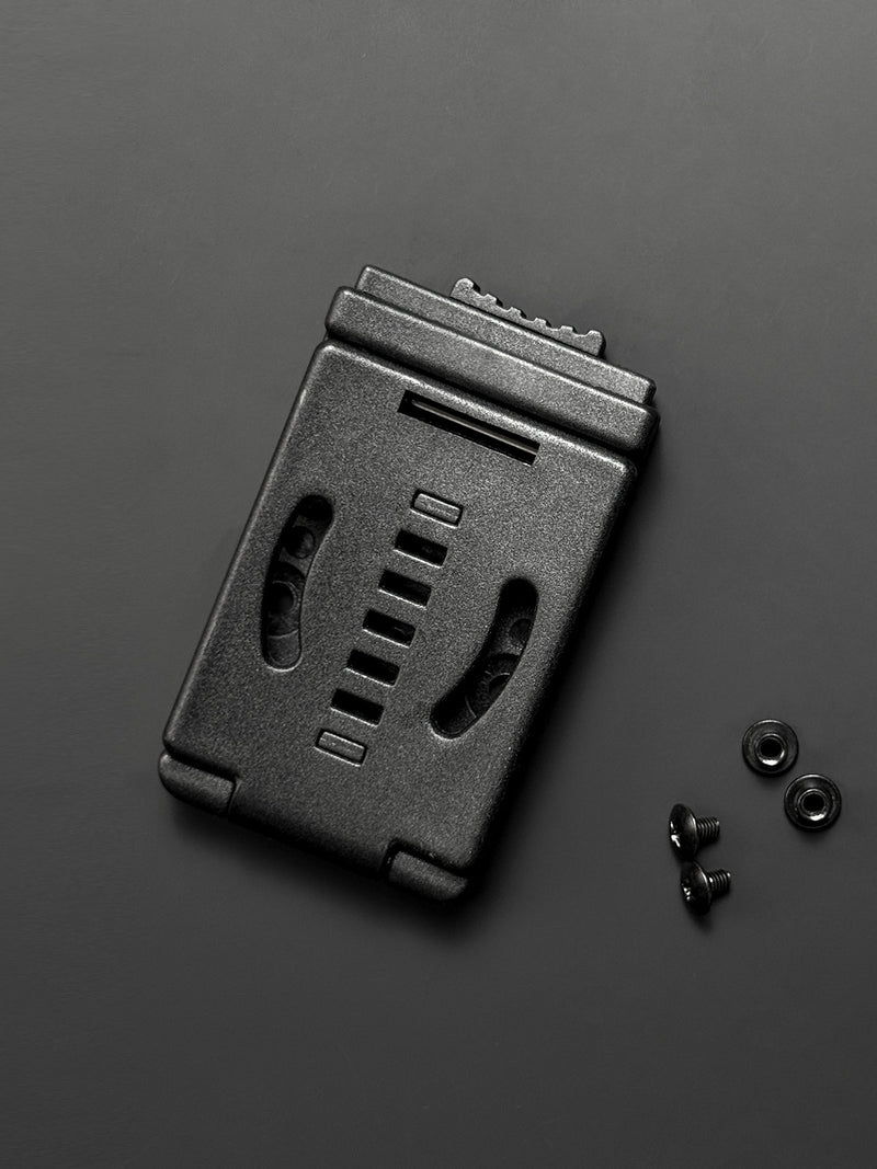 Dark background front view of the TACTICALGEEK TG G7 EDC Knife Clip Holster belt buckle with adjustable retention design.