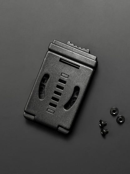 Dark background front view of the TACTICALGEEK TG G7 EDC Knife Clip Holster belt buckle with adjustable retention design.