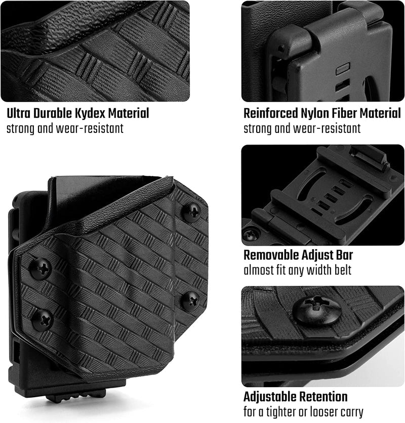 Detail overview of the black weave texture TX1 KYDEX EDC multitool sheath, showing material texture, clip construction, adjust bar, and retention screws.