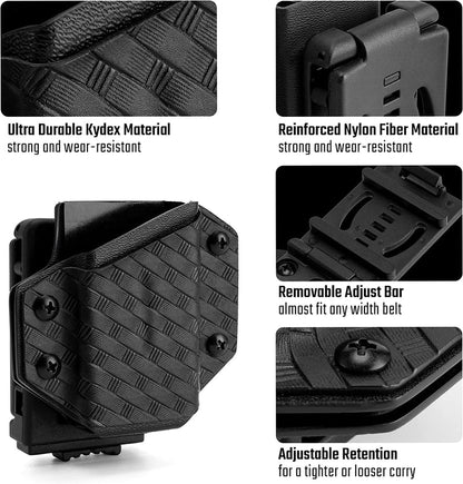 Detail overview of the black weave texture TX1 KYDEX EDC multitool sheath, showing material texture, clip construction, adjust bar, and retention screws.