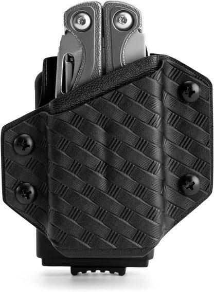 Front view of the black weave texture TX1 KYDEX EDC multitool sheath with a multitool inserted.