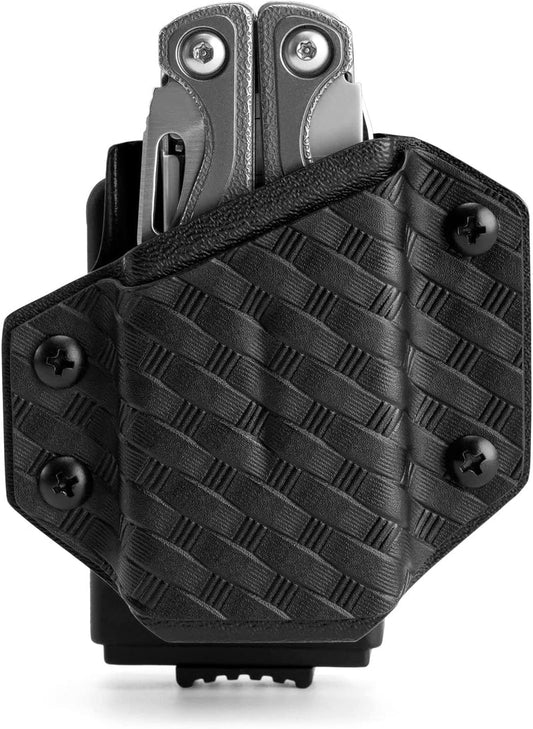 Front view of the black weave texture TX1 KYDEX EDC multitool sheath with a multitool inserted.