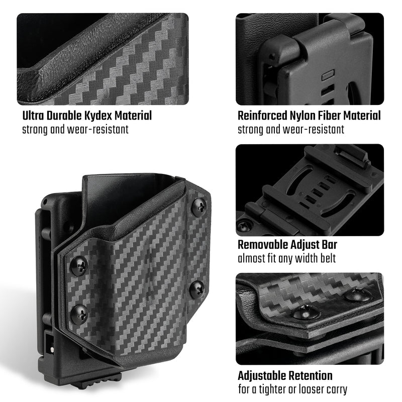 Detail overview of the carbon fiber texture TX1 KYDEX EDC multitool sheath, showing material texture, clip construction, adjust bar, and retention screws.
