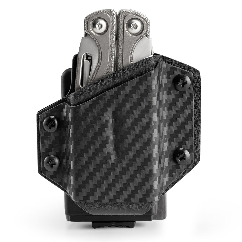 Front view of the carbon fiber texture TX1 KYDEX EDC multitool sheath with a multitool inserted.