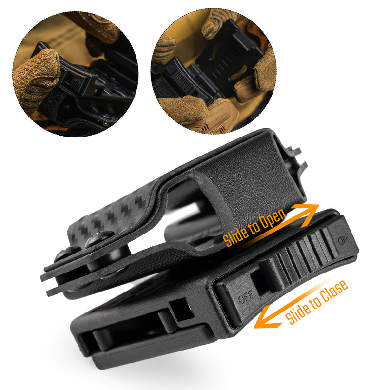 Close-up of the carbon fiber texture TX1 KYDEX EDC multitool sheath showing how to slide the switch lock open and close.