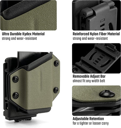Detail overview of the OD green TX1 KYDEX EDC multitool sheath, showing material texture, clip construction, adjust bar, and retention screws.