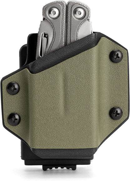 Front view of the OD green TX1 KYDEX EDC multitool sheath with a multitool inserted.