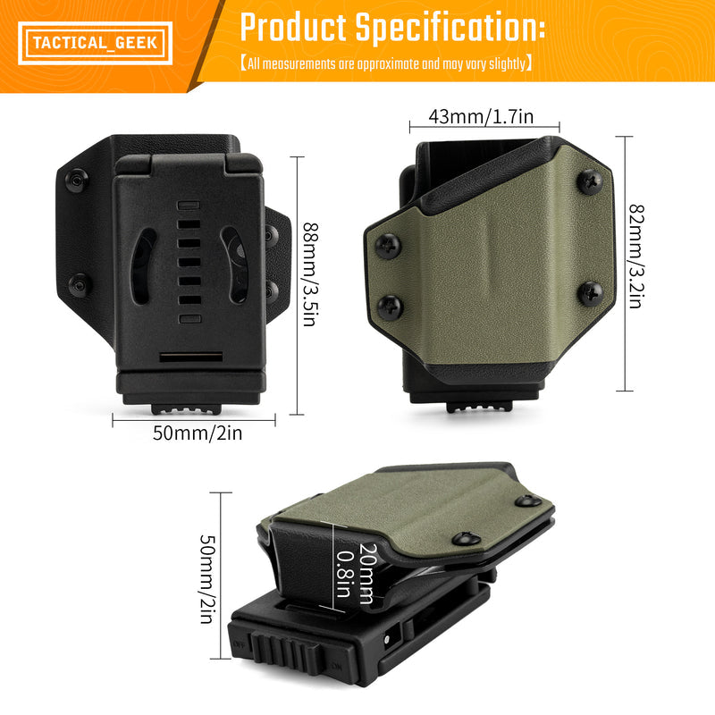 Product specification chart for the OD green TX1 KYDEX EDC multitool sheath with size measurements and multiple views.