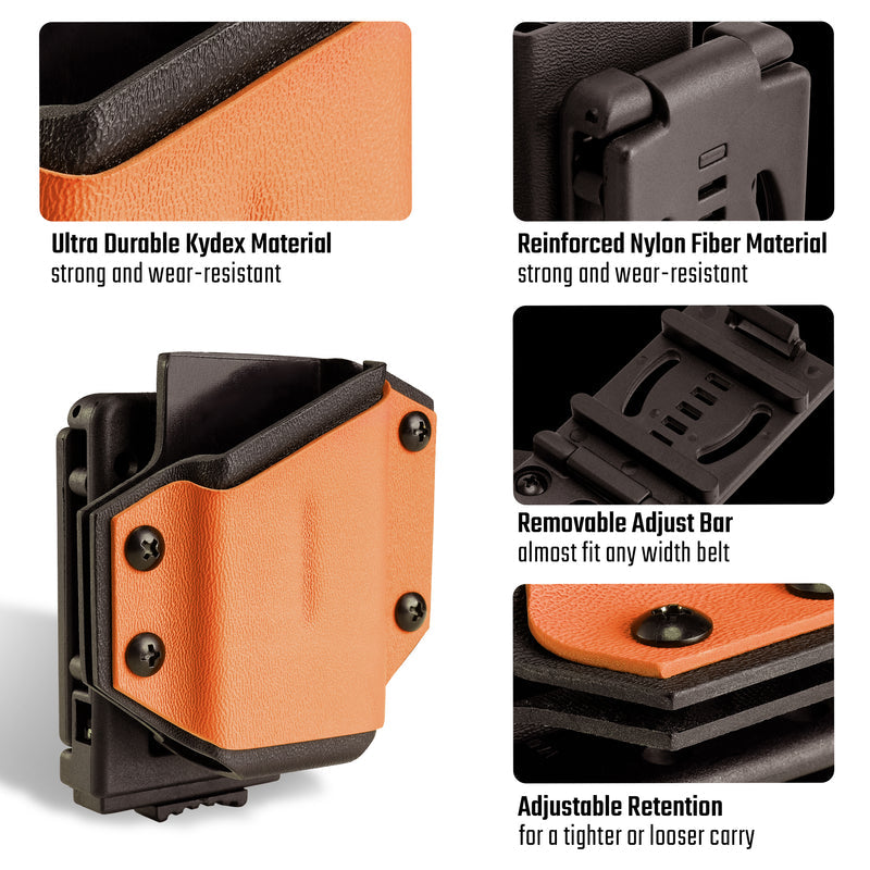 Detail overview of the orange TX1 KYDEX EDC multitool sheath, showing material texture, clip construction, adjust bar, and retention screws.