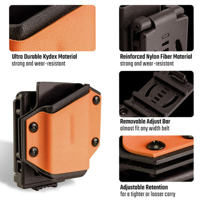 Detail overview of the orange TX1 KYDEX EDC multitool sheath, showing material texture, clip construction, adjust bar, and retention screws.