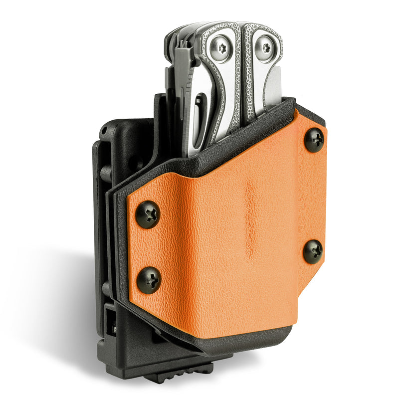 Front view of the orange TX1 KYDEX EDC multitool sheath with a multitool inserted.