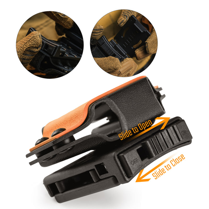 Close-up of the orange TX1 KYDEX EDC multitool sheath showing how to slide the switch lock open and close.