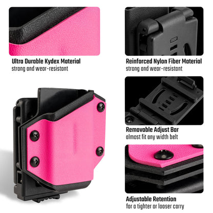 Detail overview of the pink TX1 KYDEX EDC multitool sheath, showing material texture, clip construction, adjust bar, and retention screws.