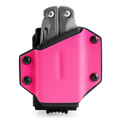 Front view of the pink TX1 KYDEX EDC multitool sheath with a multitool inserted.
