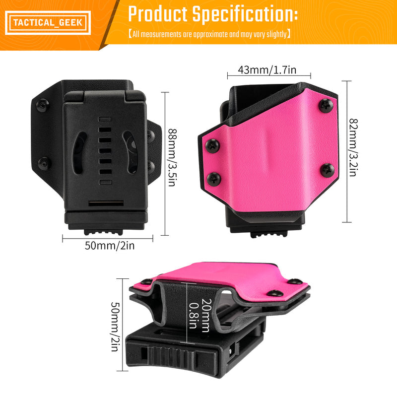 Product specification chart for the pink TX1 KYDEX EDC multitool sheath with size measurements and multiple views.
