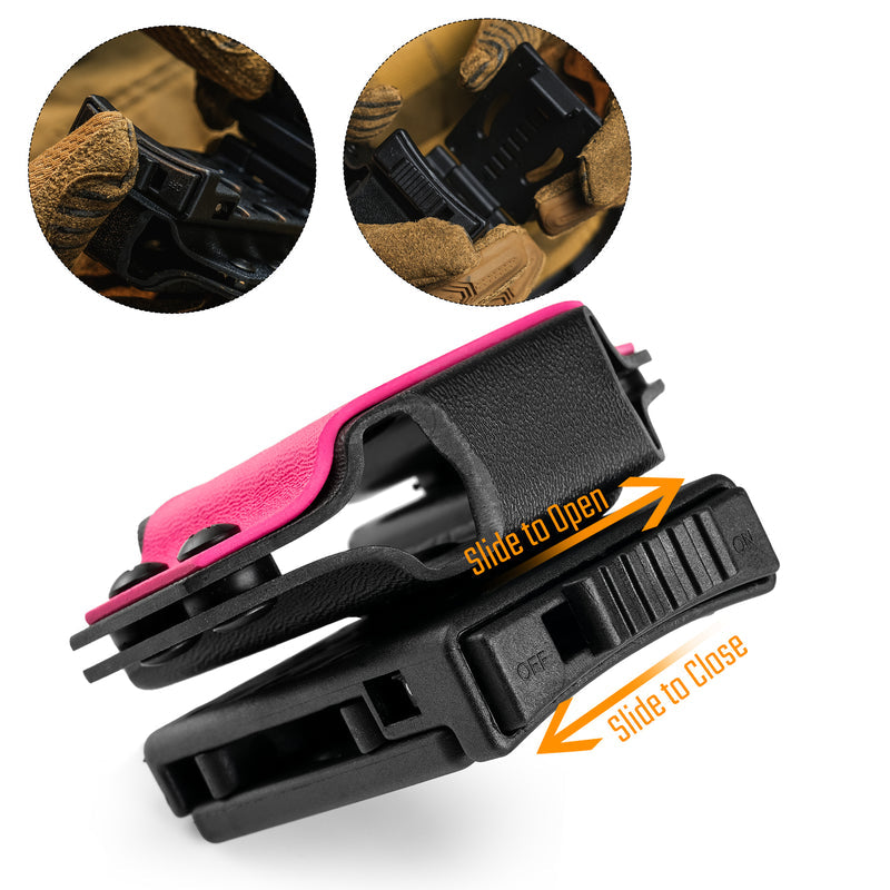 Close-up of the pink TX1 KYDEX EDC multitool sheath showing how to slide the switch lock open and close.