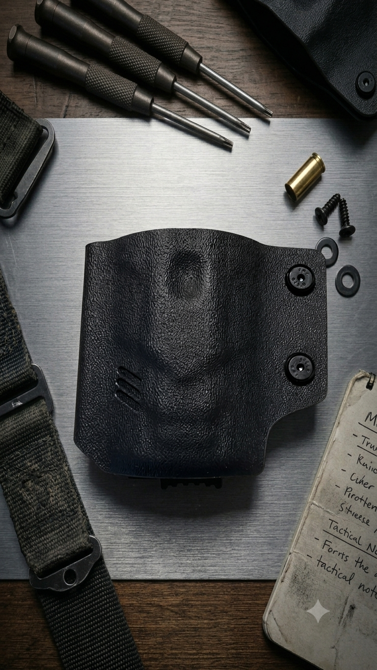 Flat lay of the black TACTICALGEEK TG TX13 flashlight sheath displayed with tools and accessories