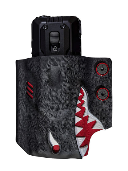 Front view of the SHARK style TACTICALGEEK TG TX13 KYDEX flashlight sheath for NITECORE EDC37