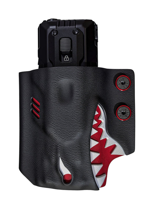 Front view of the SHARK style TACTICALGEEK TG TX13 KYDEX flashlight sheath for NITECORE EDC37