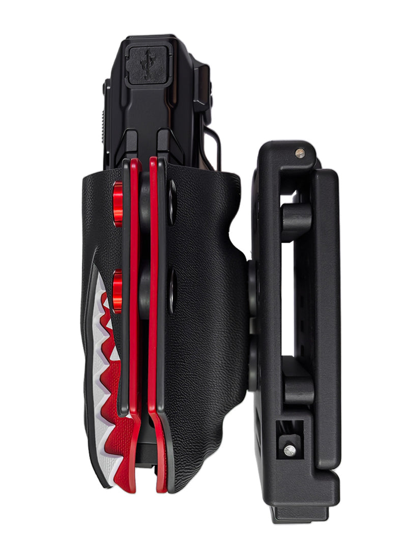 Side profile of the SHARK style TACTICALGEEK TG TX13 flashlight sheath with belt clip for NITECORE EDC37