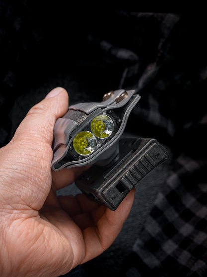 Top opening detail of the T style TACTICALGEEK TG TX13 KYDEX flashlight sheath showing the flashlight head