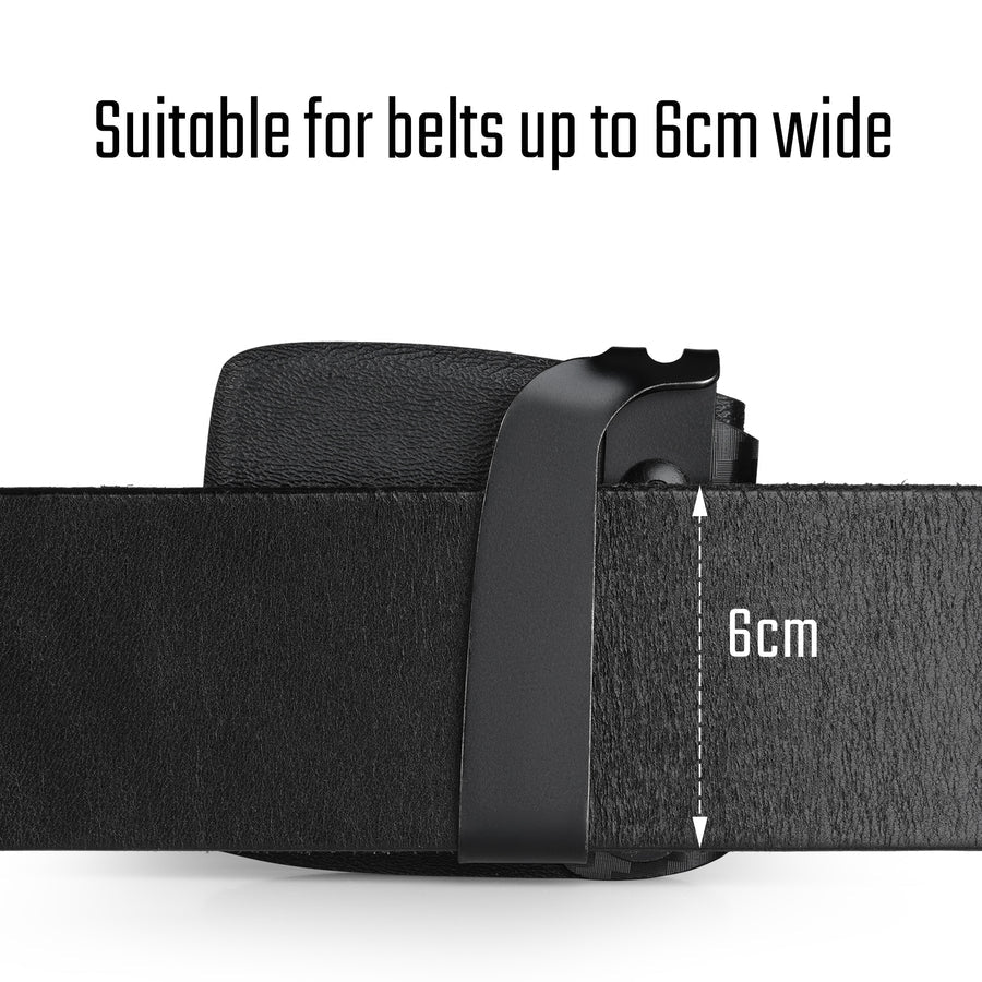 Belt compatibility image showing the TX2 KYDEX EDC Zippo lighter sheath mounted on a belt up to 6 cm wide.