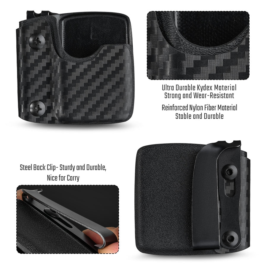 Feature overview of the carbon fiber TX2 KYDEX EDC Zippo lighter sheath, showing the material, structure, and steel back clip.