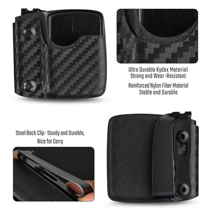 Feature overview of the carbon fiber TX2 KYDEX EDC Zippo lighter sheath, showing the material, structure, and steel back clip.