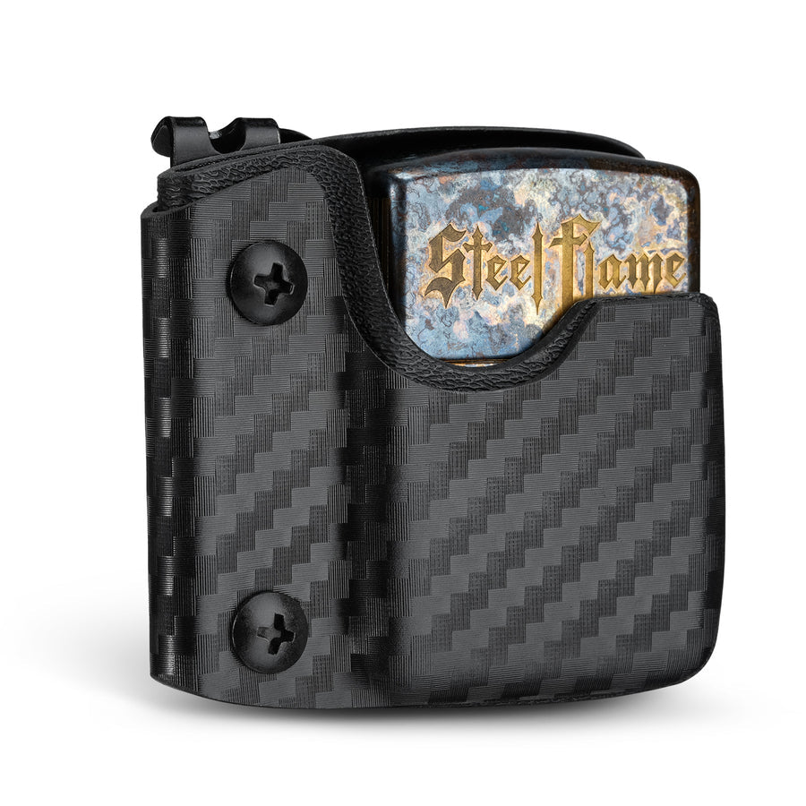 Front view of the carbon fiber TX2 KYDEX EDC Zippo lighter sheath with a lighter inserted.