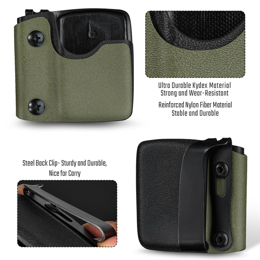 Feature overview of the green TX2 KYDEX EDC Zippo lighter sheath, showing the material, structure, and steel back clip.