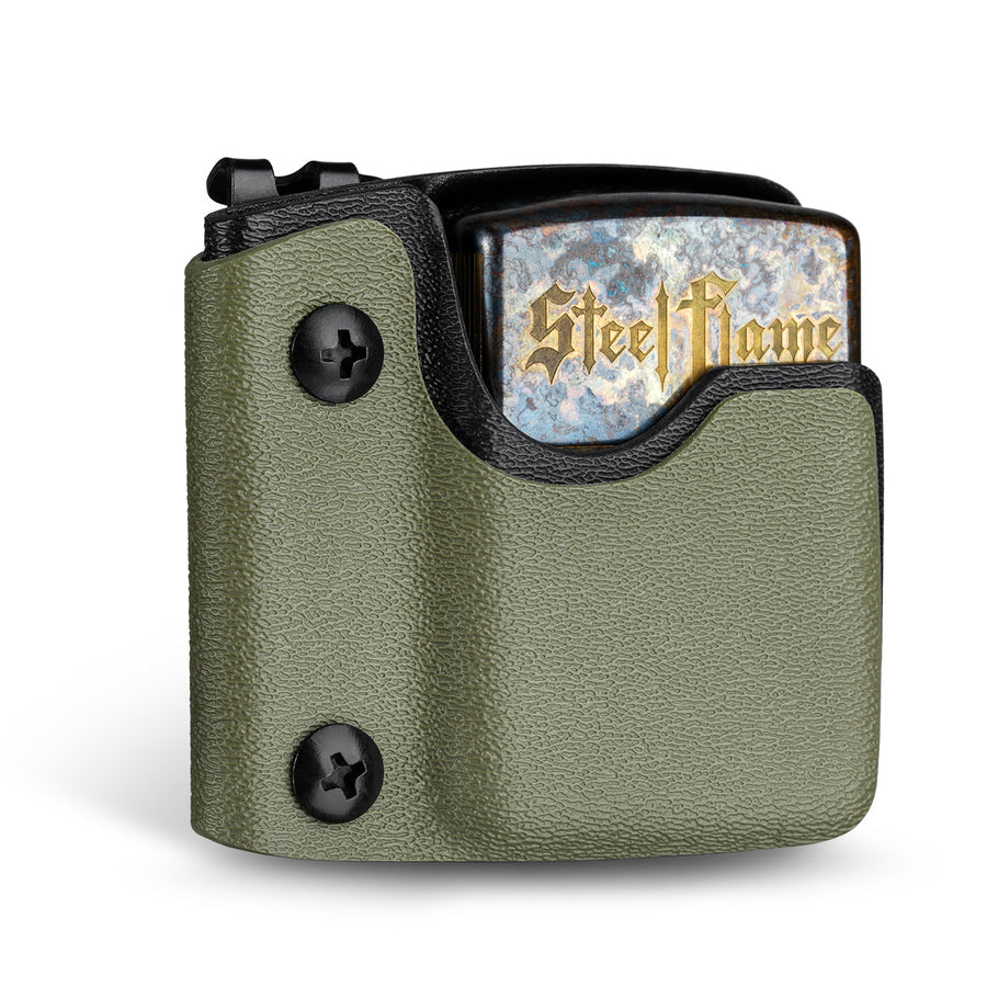 Front view of the green TX2 KYDEX EDC Zippo lighter sheath with a lighter inserted.