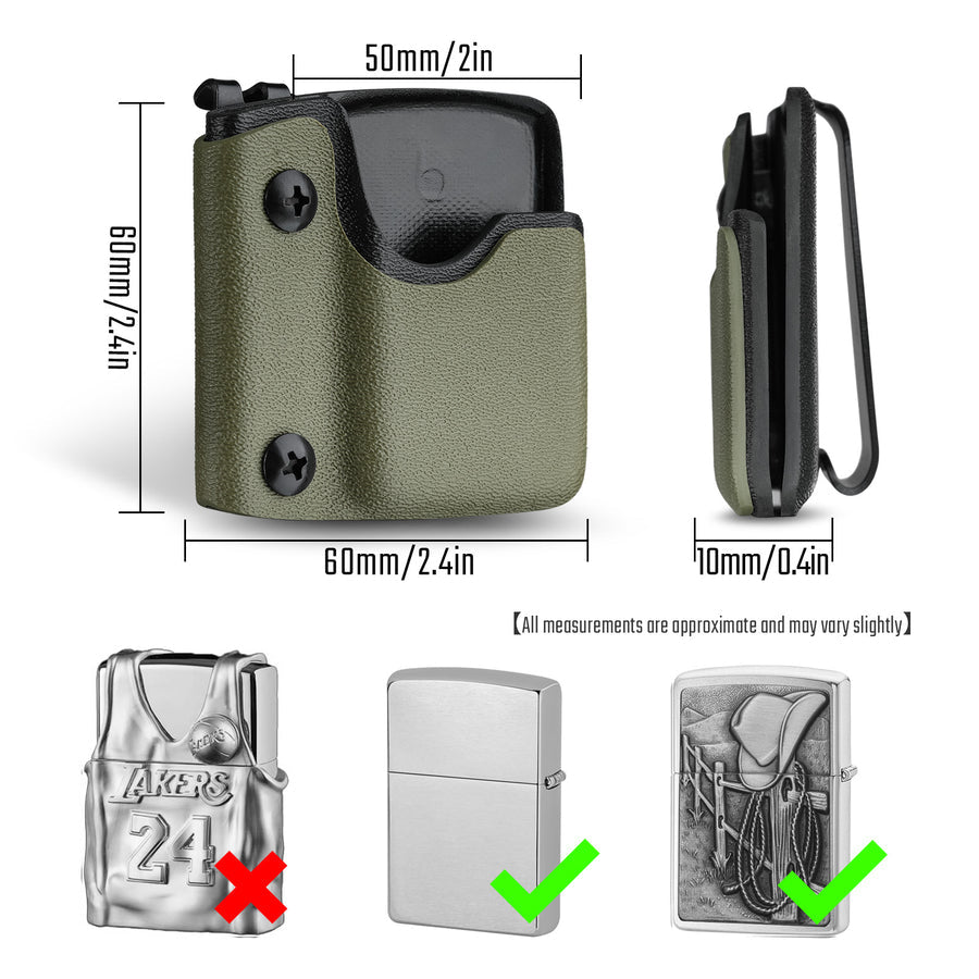 Product specification chart for the green TX2 KYDEX EDC Zippo lighter sheath with dimensions and compatibility reference.