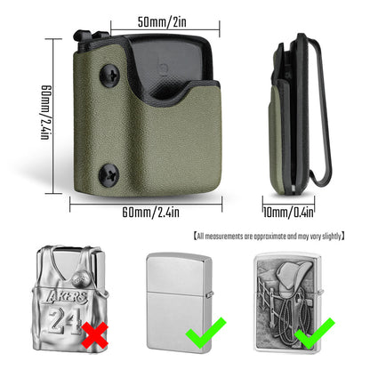 Product specification chart for the green TX2 KYDEX EDC Zippo lighter sheath with dimensions and compatibility reference.