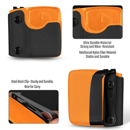 Feature overview of the orange TX2 KYDEX EDC Zippo lighter sheath, showing the material, structure, and steel back clip.