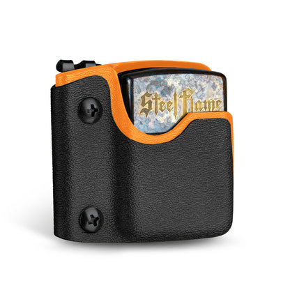 Front view of the orange TX2 KYDEX EDC Zippo lighter sheath with a lighter inserted.