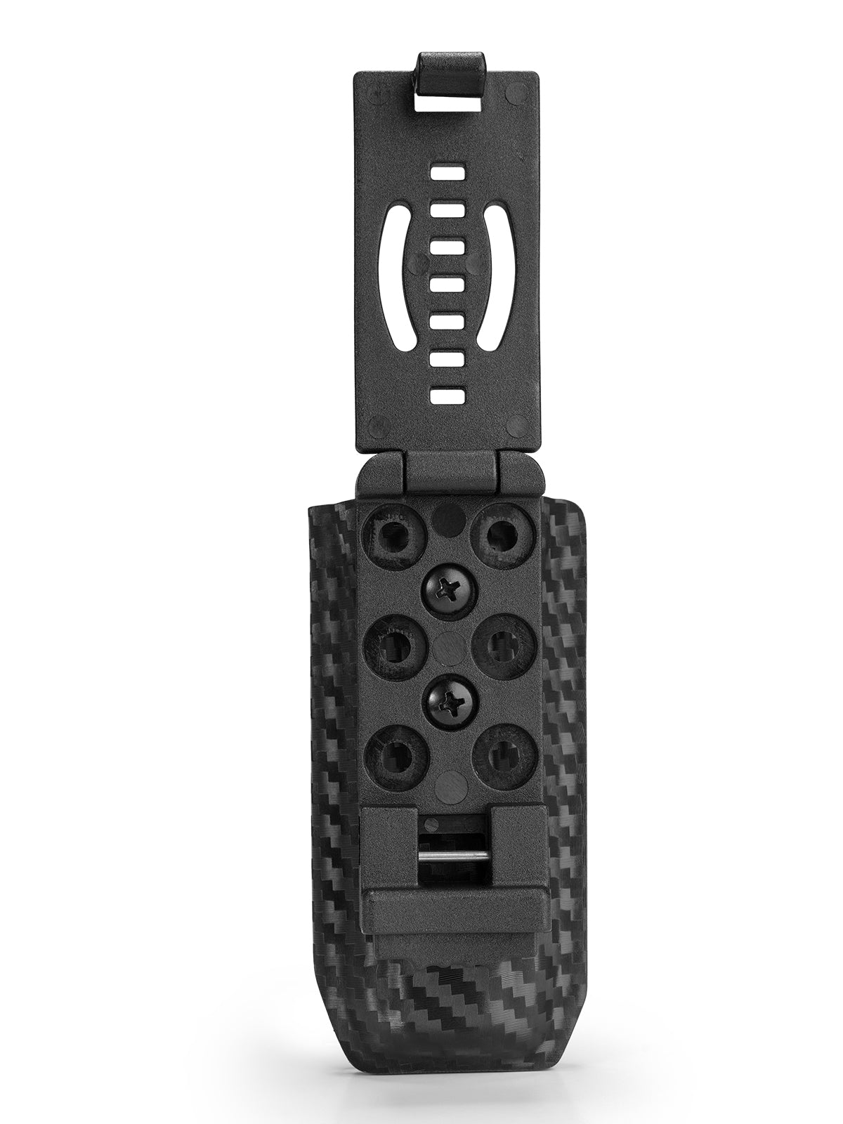 Back view of TG TX5 KYDEX EDC flashlight holster featuring adjustable belt clip mounting system