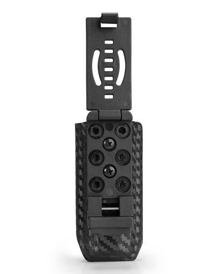 Back view of TG TX5 KYDEX EDC flashlight holster featuring adjustable belt clip mounting system