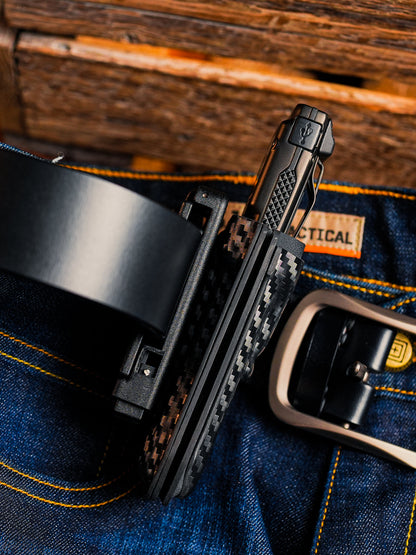 Detailed view of TG TX5 KYDEX EDC holster structure with reinforced mounting hardware