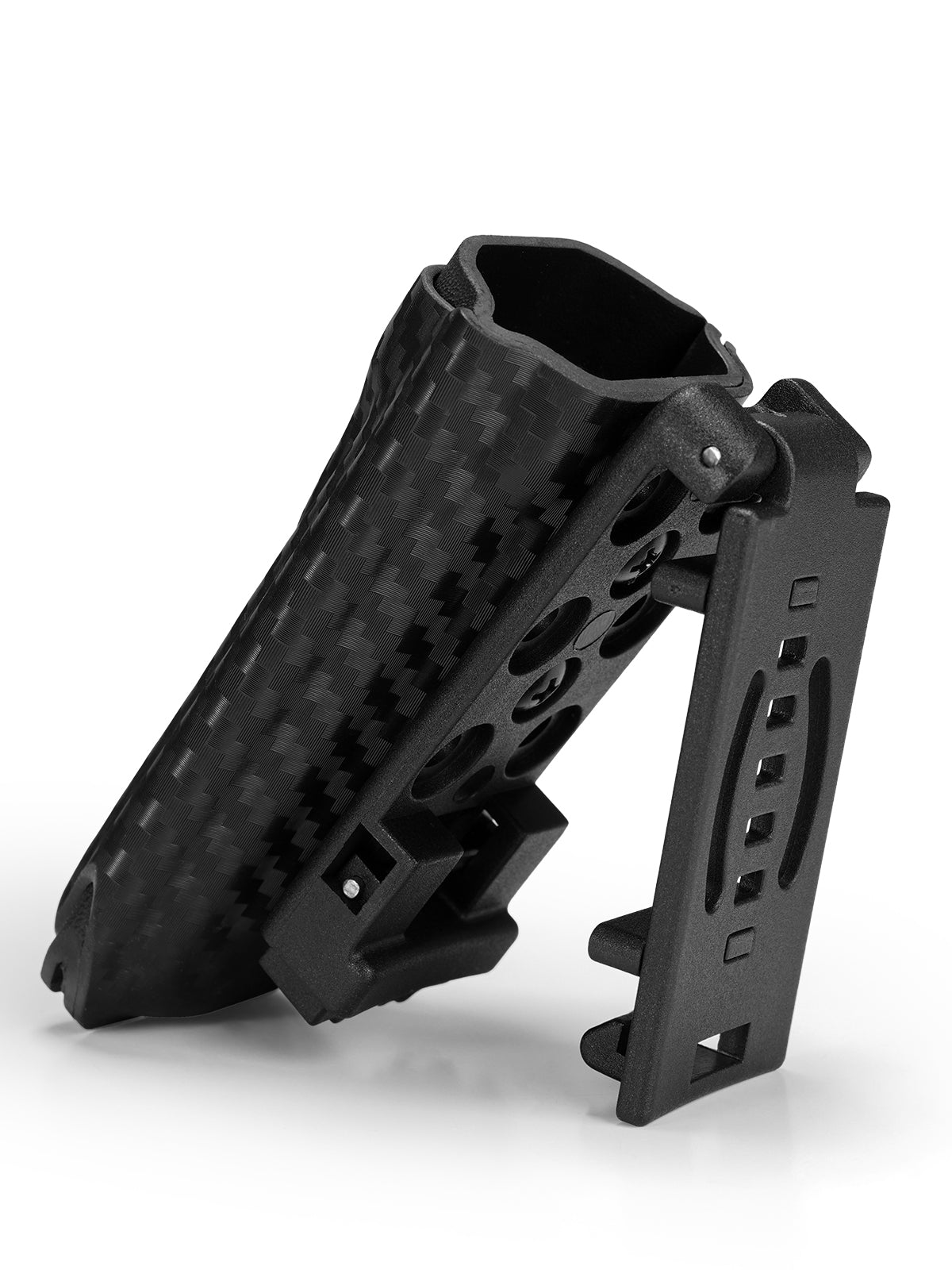 Side angle view of TG TX5 KYDEX flashlight sheath showing carbon fiber finish and secure retention