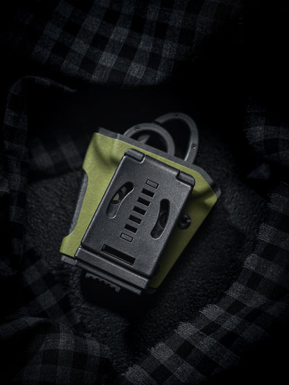 Back view of the TACTICALGEEK TX18 Multi-Tool Sheath for SOG ParaShears in green colorway, showing the belt clip on the rear side.