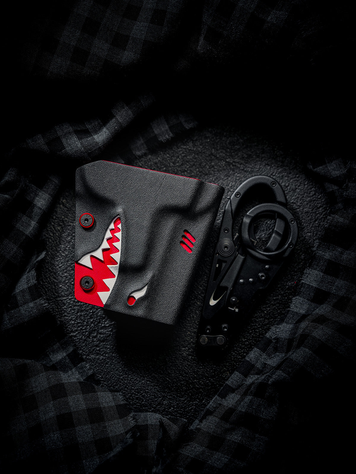 Front view of the TACTICALGEEK TX18 Multi-Tool Sheath for SOG ParaShears in shark colorway, shown beside the SOG ParaShears tool.