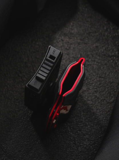 TACTICALGEEK TX9 flashlight sheath for Nitecore EDC27 top view with visible clip and ON/OFF switch detail.