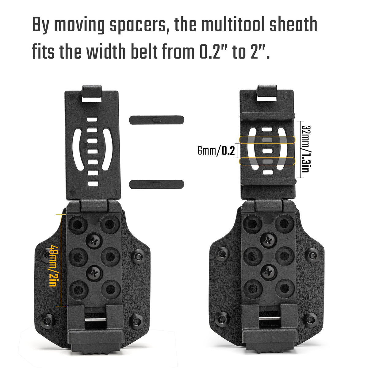 Diagram showing the black TX3 Multitool Sheath with adjustable spacers for fitting belts from 0.2 inch to 2 inches wide.