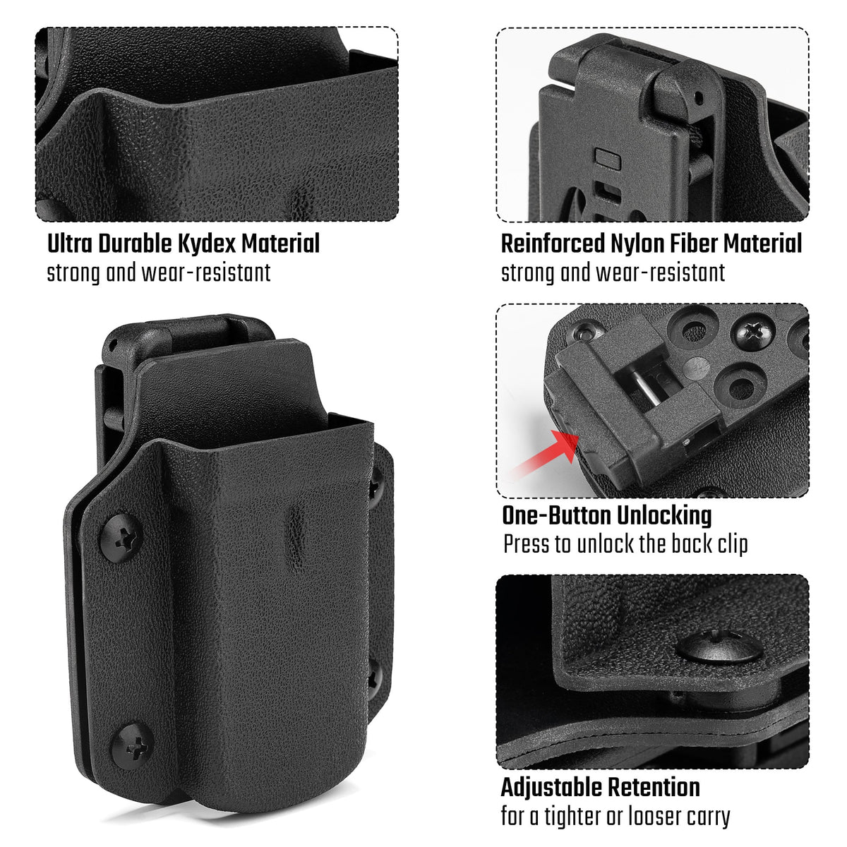 Feature image of the black TX3 Multitool Sheath highlighting durable Kydex material, reinforced nylon fiber clip, one-button unlocking, and adjustable retention.